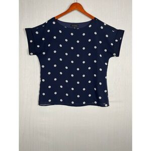 Banana Republic Polka Dot Blouse Womens M Navy Short Sleeve Chiffon Office